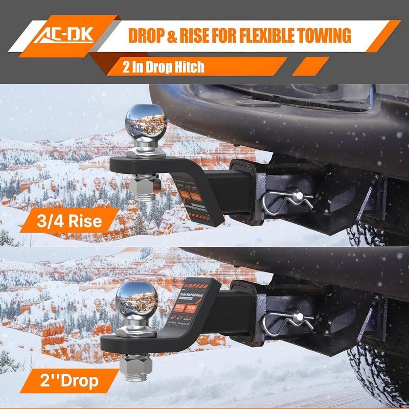 AC-DK Trailer Hitch Ball Mount for 2 inch Receiver,2 inch Drop Hitch,with 2-Inch Ball,7,500 lbs Capacity Ball Hitch, 750lbs Tongue Weight,Includes Hitch Pin - Image 4